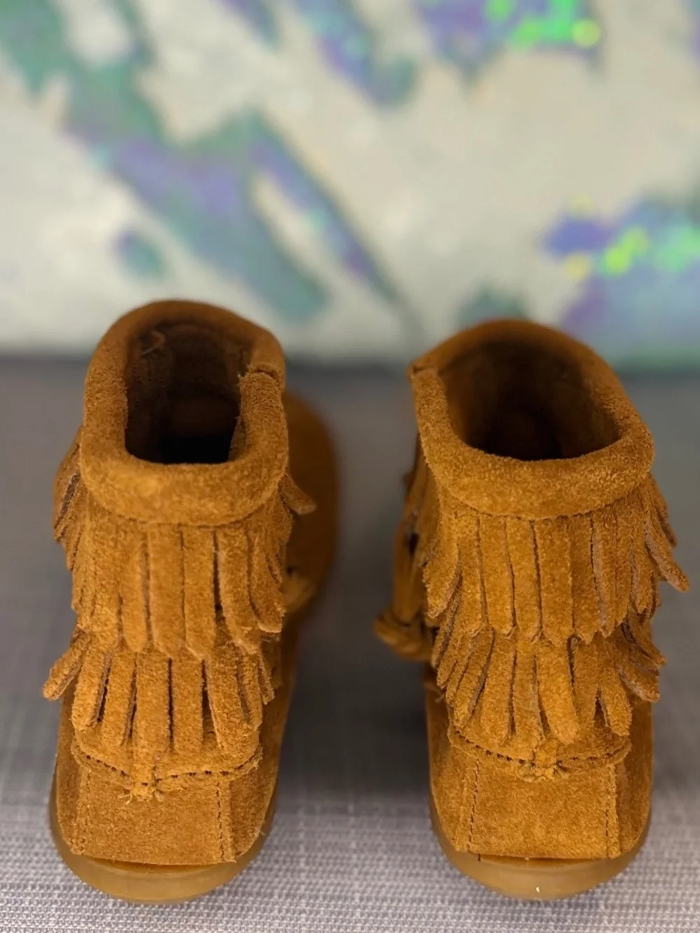 Minnetonka Tan Double Fringe Side Zip Boot (Girls Size 3)